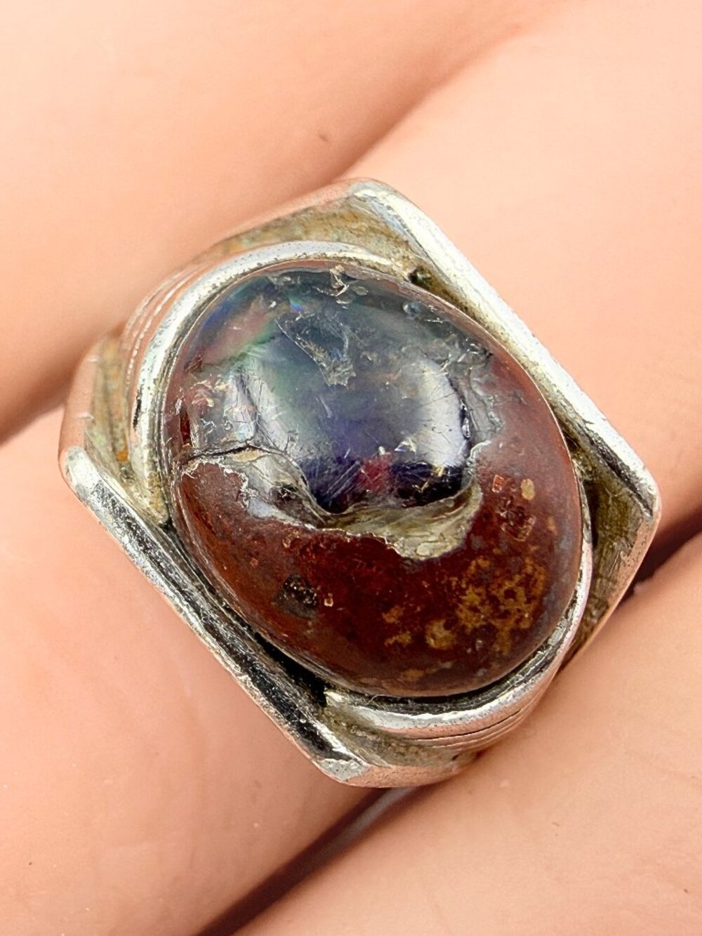 Antique Art Deco Mexican Fire Opal Cab Sterling Silver Ring Sz 6.5